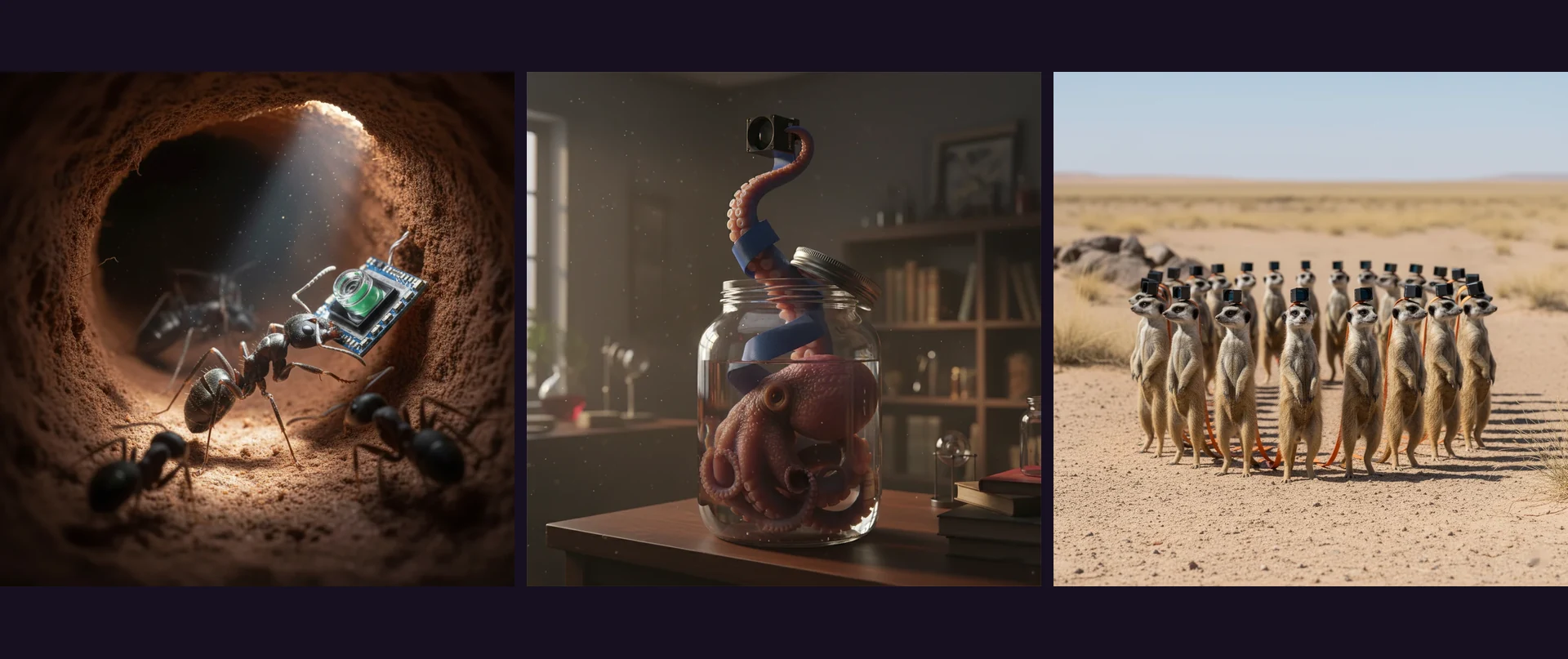 Three campaign images: ants carrying a camera sensor, an octopus holding a camera, meerkats wearing cameras.