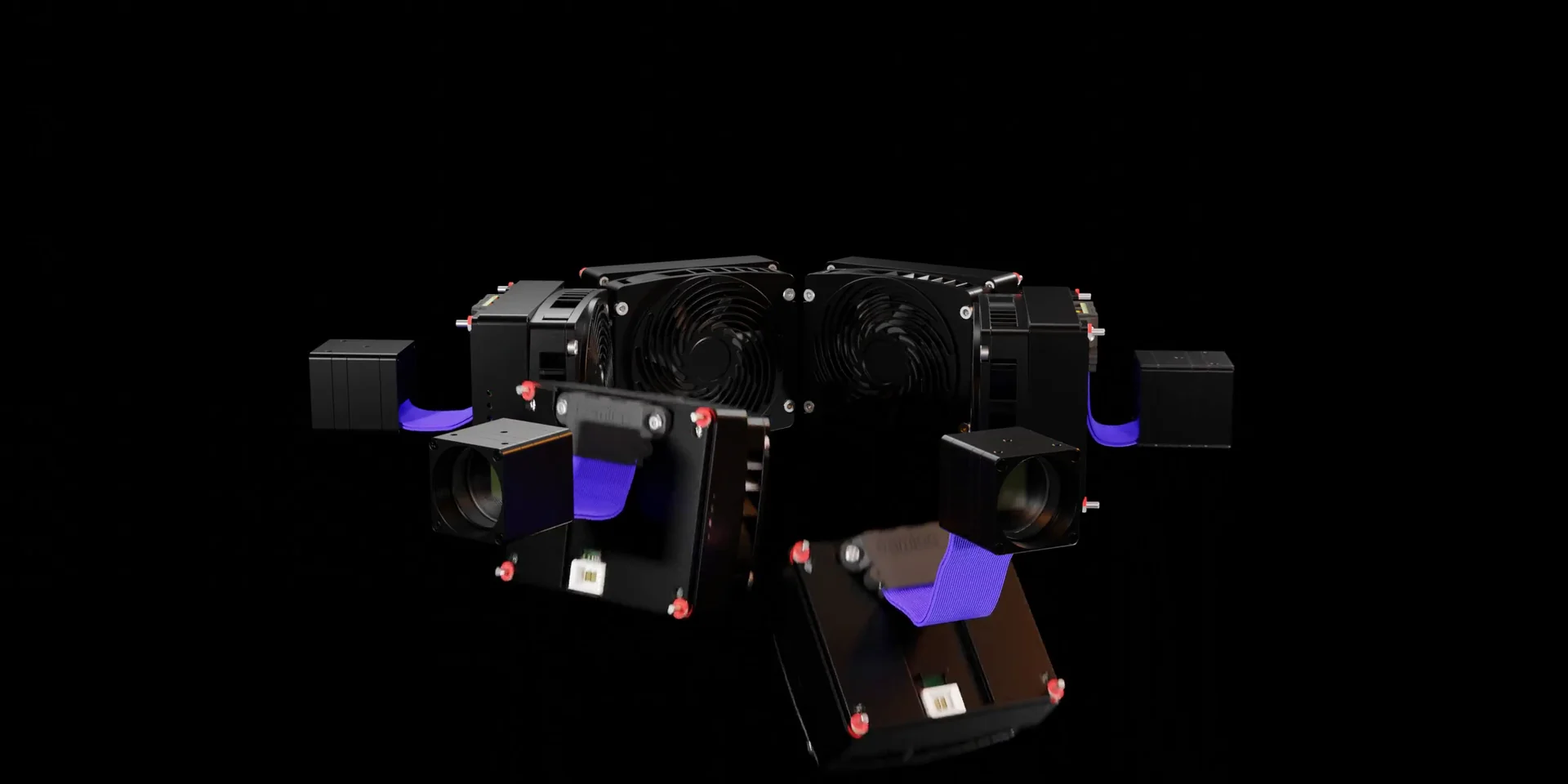 Camera sensor heads separating on violet flexible cables.